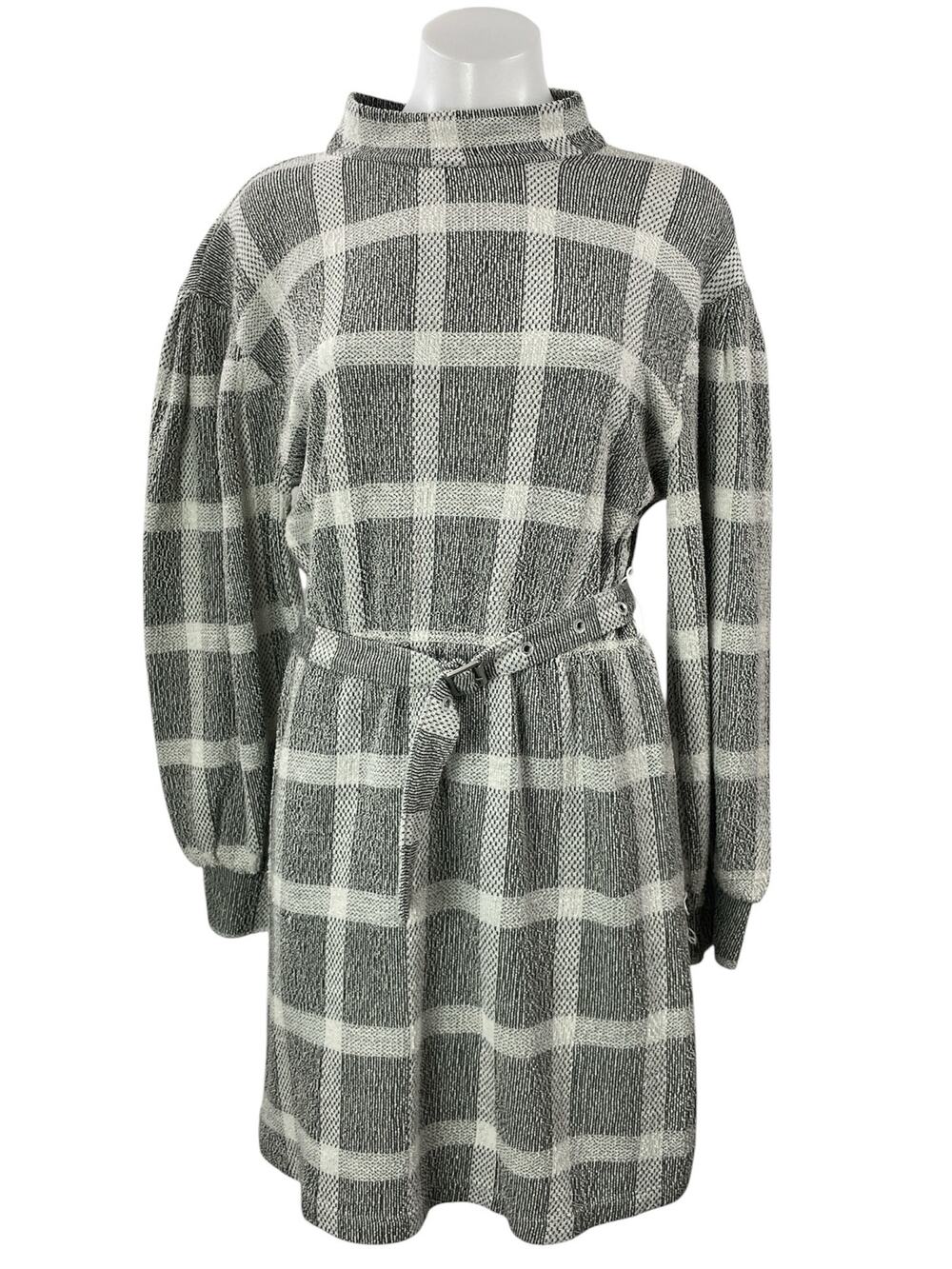 Free People Hampstead Gray Plaid Long Sleeve Mock Tie Mini Sweater Dress Size S